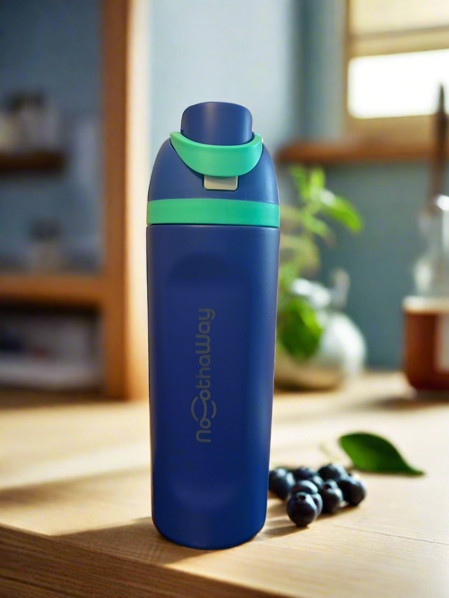 Navy blue and turquoise Owala-inspired insulated water bottle – A bold navy blue water bottle with a pop of turquoise on the lid, sporting the No Otha Way logo. Combining vibrant colors with excellent insulation, it delivers the Stanley bottle quality for everyday hydration.